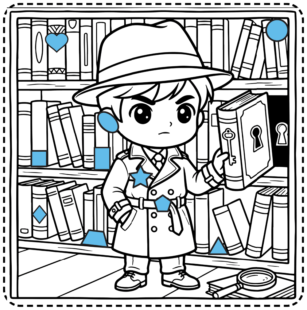 Answer key for a 3rd grade hidden shapes worksheet showing colored shapes hidden inside a detective library scene.