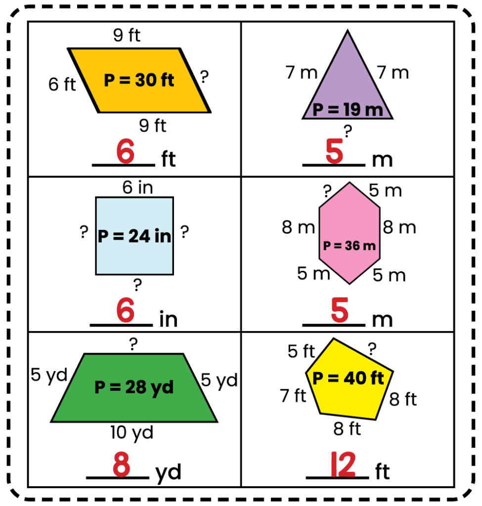 Answer key for a 3rd grade geometry worksheet showing missing side lengths found using perimeter measurements.