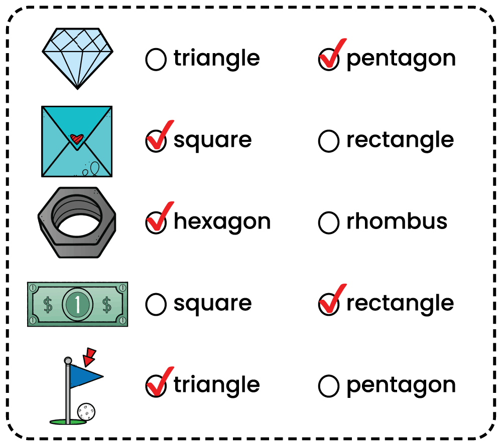 Answer key for a 3rd grade geometry worksheet identifying object shapes including pentagon, square, hexagon, rectangle, and triangle.