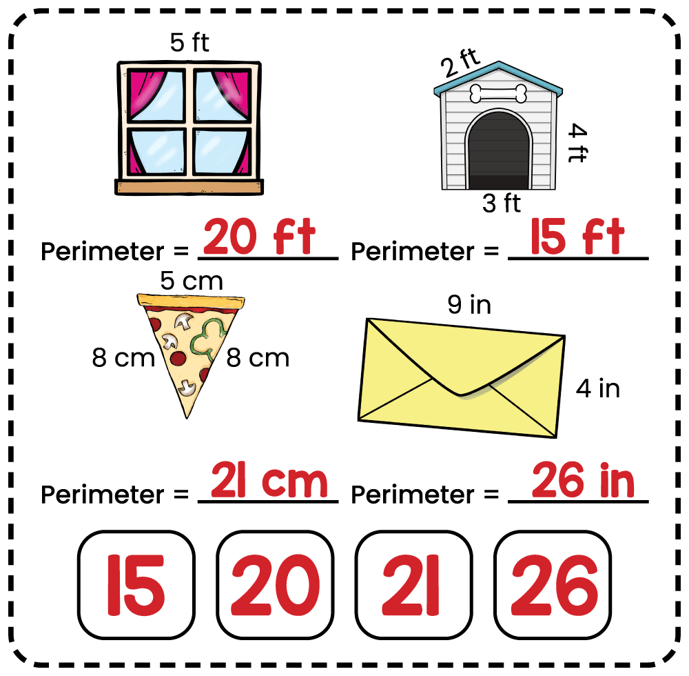 Answer key for a 3rd grade geometry worksheet showing perimeter calculations for a window, dog house, pizza slice, and envelope.