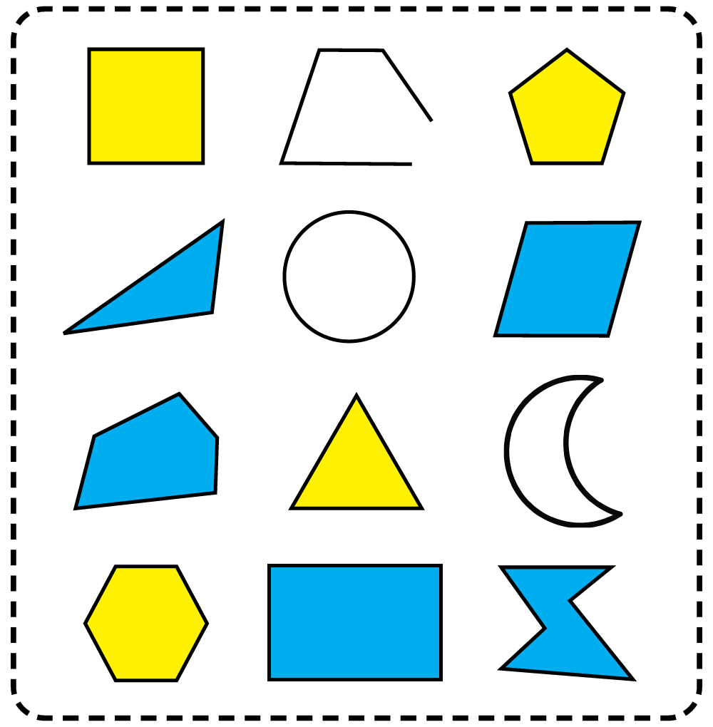 Answer key for a 3rd grade geometry worksheet showing regular polygons colored yellow, irregular polygons colored blue, and any shapes that are not polygons uncolored.