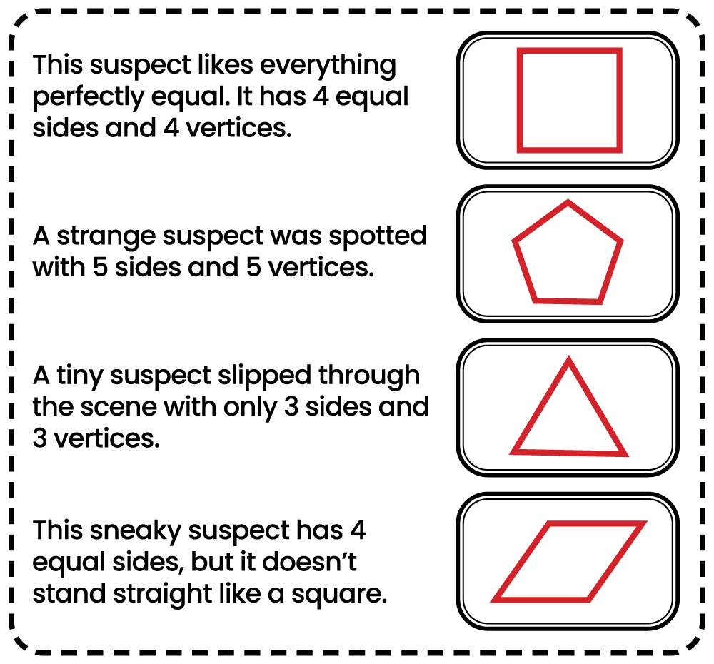 Answer key for a 3rd grade geometry worksheet showing shapes drawn from clues including square, pentagon, triangle, and rhombus.