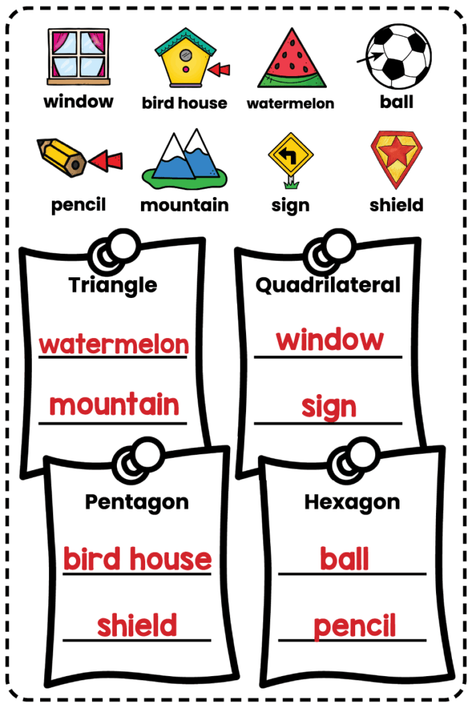 Answer key for a 3rd grade geometry worksheet sorting real-world objects into triangle, quadrilateral, pentagon, and hexagon categories.