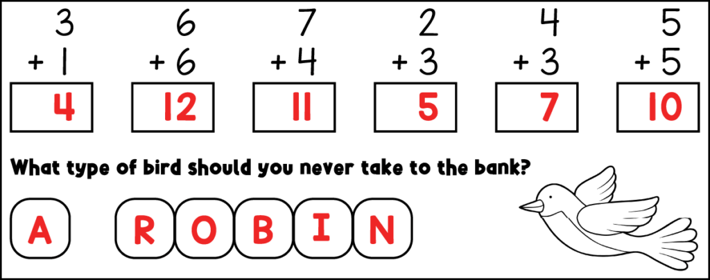 Spring addition riddles answer key showing solved bird joke &ldquo;What type of bird should you never take to the bank&rdquo; for grade 1 and 2