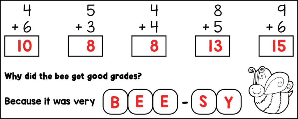 Spring addition riddles answer key showing solved bee joke &ldquo;Why did the bee get good grades&rdquo; for grade 1 and 2