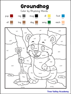 A printable groundhog color by code coloring page. The image is of a smiling groundhog holding a shovel digging into the ground. The coloured version will show him digging into the grass, with a patch of snow nearby. Kids will need to find the rhyming words of 10 words and color those spaces a specified color. The rhyming words are: pup, all, rag, mug, dog, ill, song, first, and each.