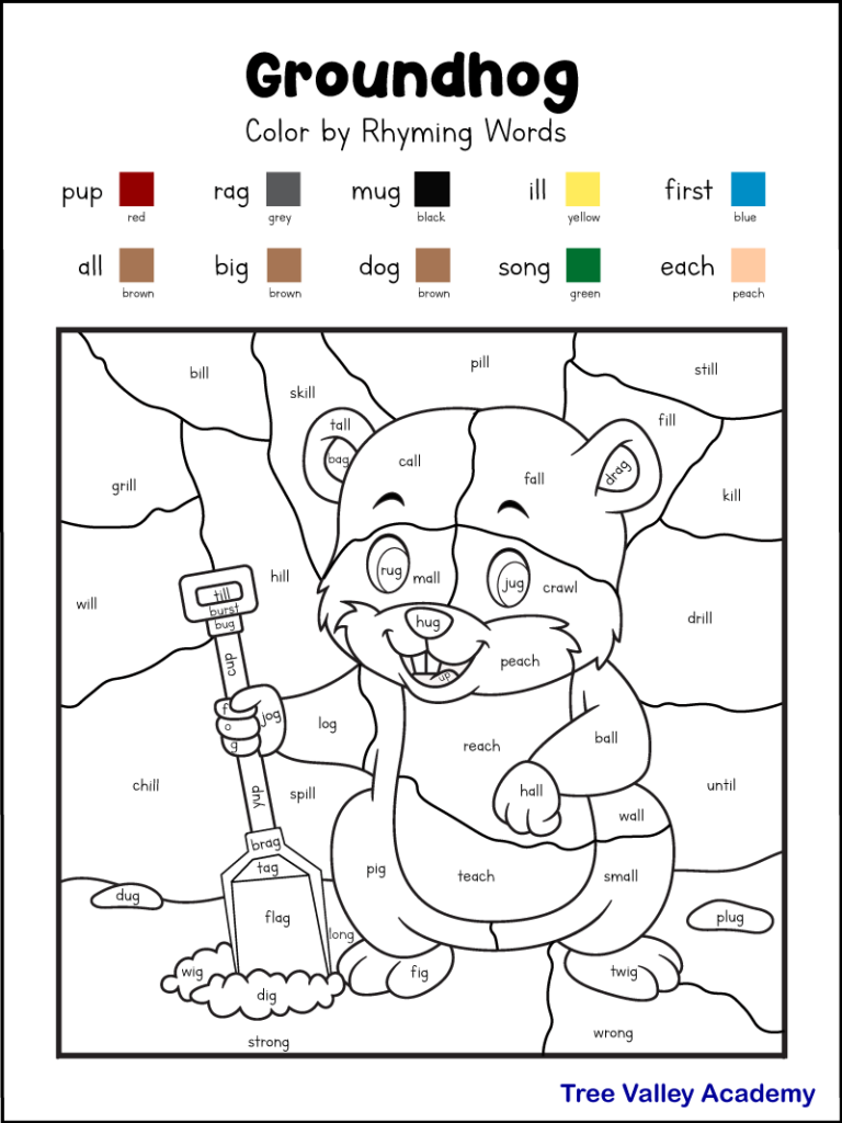 A printable groundhog color by code coloring page. The image is of a smiling groundhog holding a shovel digging into the ground.  The coloured version will show him digging into the grass, with a patch of snow nearby.  Kids will need to find the rhyming words of 10 words and color those spaces a specified color. The rhyming words are: pup, all, rag, mug, dog, ill, song, first, and each.