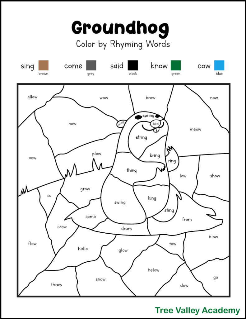 A groundhog color by rhyming words phonics coloring worksheet. The image to color is a groundhog sitting on top of his dirt hole with grass and sky. Kids will need to find the rhyming words of sing, come, said, know and cow in the image. Then color those spaces a specified color.