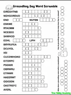 Groundhog Day word scramble printable with groundhog-themed vocabulary and 2 groundhog jokes that will be revealed once all the words are unscrambled.