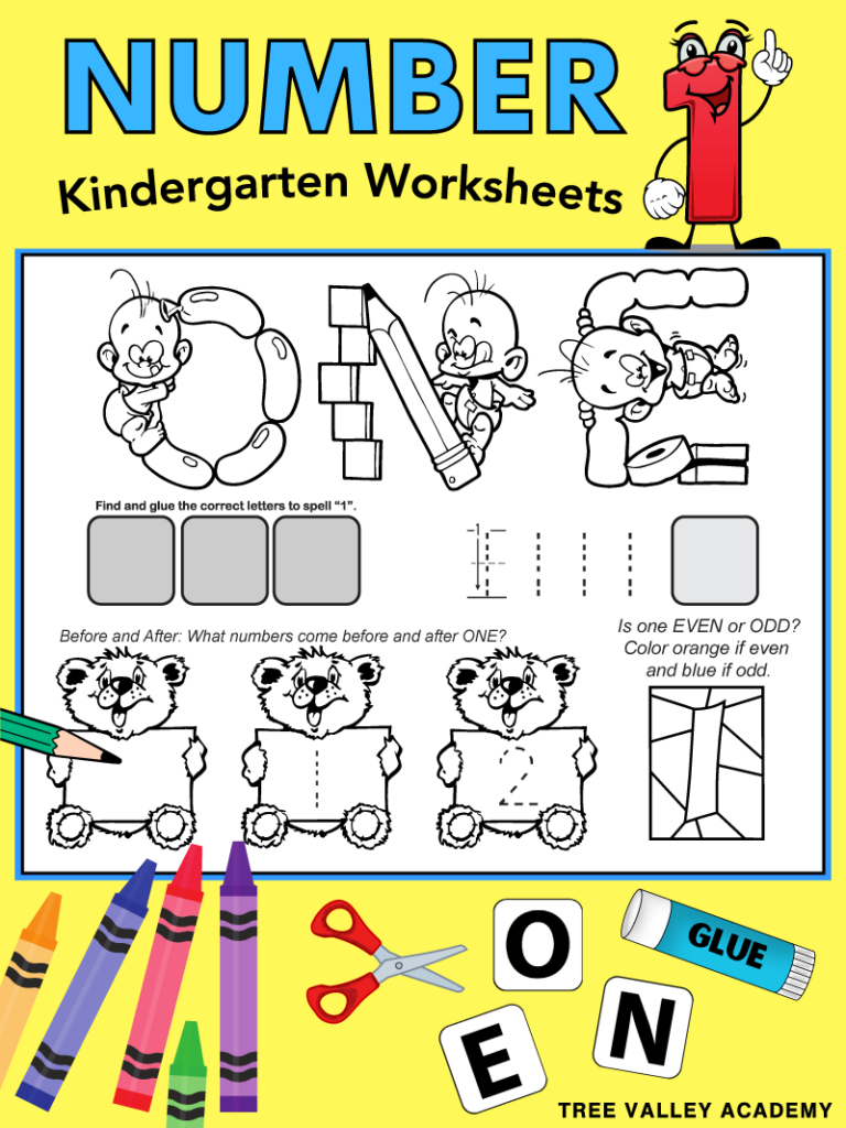 Number 1 kindergarten worksheets. Showing a black and white printable worksheet. Kids will need crayons, a scissor, a glue stick, and a pencil.