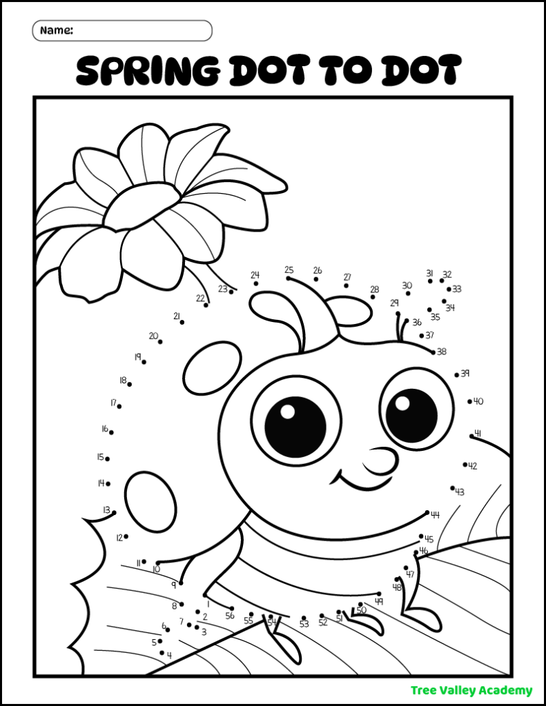 A printable ladybug dot to dot spring coloring page for kids. The dots to join begin at 1 and end at 56.