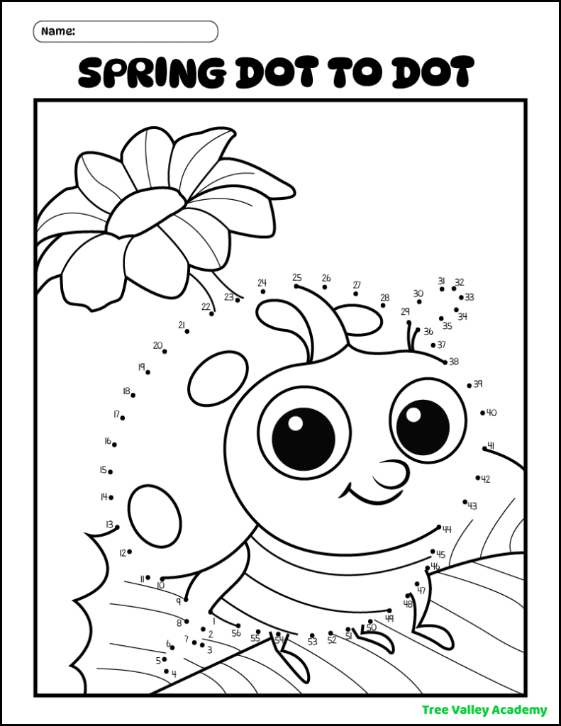 A printable ladybug dot to dot spring coloring page for kids. The dots to join begin at 1 and end at 56.