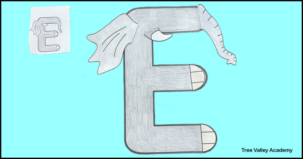 Step 3 of a letter E preschool alphabet craft: using the small image on the printable to see how to place the elephant's trunk, tusk, ear, and toenails on the uppercase letter E.
