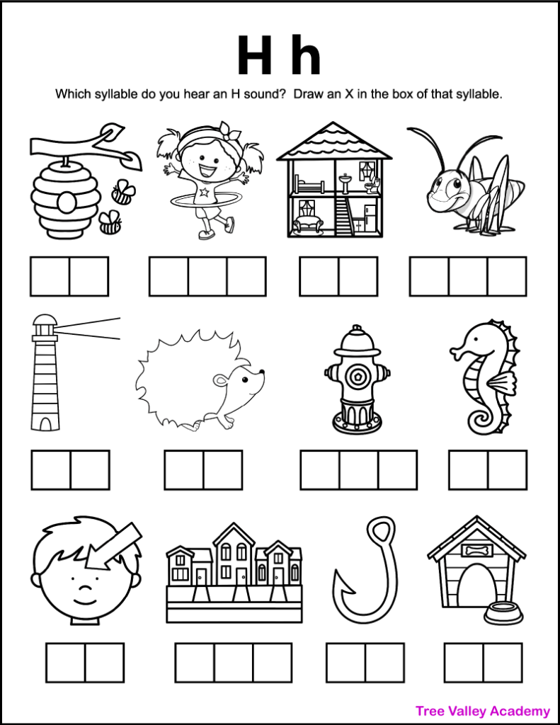 A printable letter H sound worksheet for 1st grade students. There are 12 black and white images of items, and kids need to sound each word out and identify which syllables contain an H sound. Kids will mark an X in the box representing that syllable. There is an image of a beehive, hula hoop, dollhouse, grasshopper, lighthouse, hedgehog, fire hydrant, seahorse, forehead, neighborhood, fishhook, and doghouse.