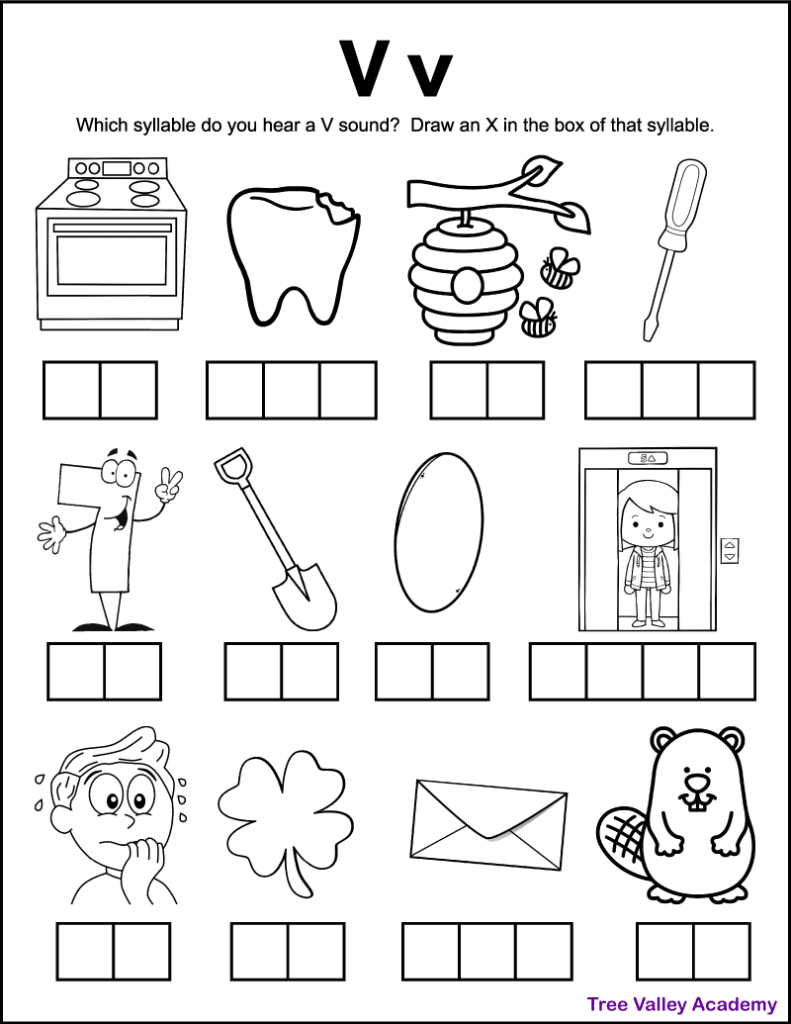A printable grade 1 letter V sound worksheet. There are 12 black and white images, and kids need to sound each word out and then identify which syllable(s) contain a V sound. Kids will then draw an X in the box representing those syllables. There is a picture of an oven, cavity, beehive, screwdriver, seven, shovel, oval, elevator, a nervous boy, clover, envelope, and a beaver.