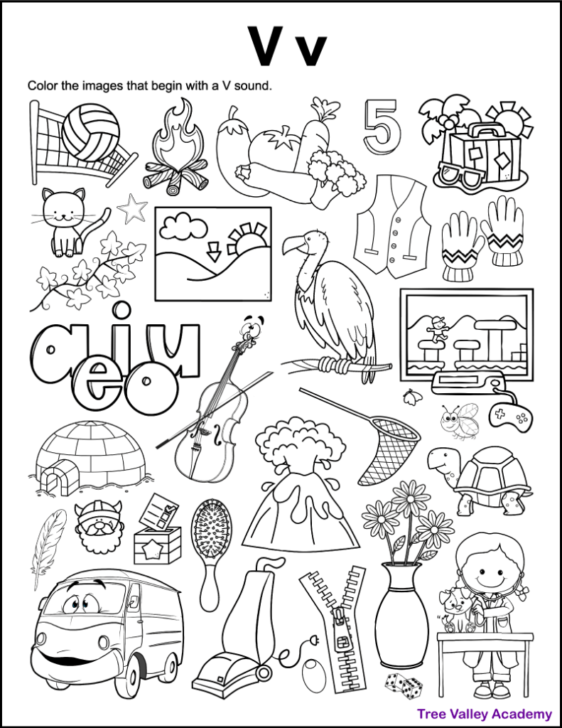 A printable letter V beginning sound worksheet for preschool or kindergarten. The letter V coloring page has 31 pictures. 17 objects start with a V sound for kids to color.
