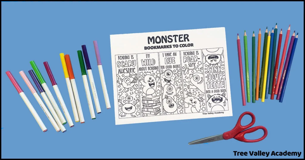 Printable monster bookmarks to color with markers, colored pencils, and scissors on a blue background.