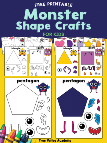 Free printable monster shape crafts for kids with colorful and black-and-white cut-and-paste templates.