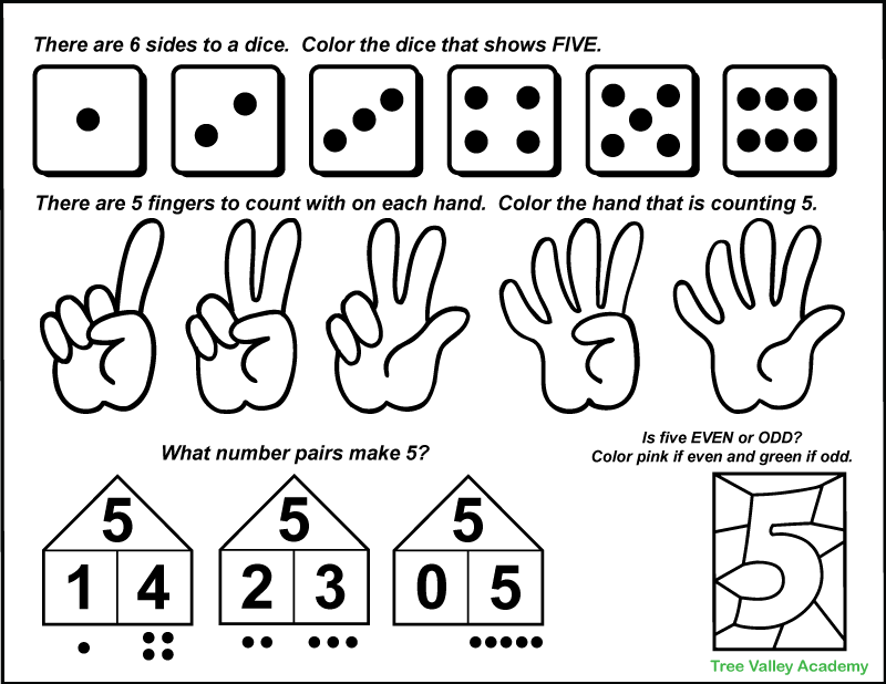 A black and white printable number 5 math coloring worksheet. There are 6 dice and kids are asked to color the dice that shows 5. There are also 5 hands each holding up a different amount of fingers. Kids need to color the hand showing 5 fingers. There's a number 5 image and kids need to color it pink if 5 is even and green if 5 is odd. There's also a section that helps parents or teachers discuss with a child the number pairs of 5.