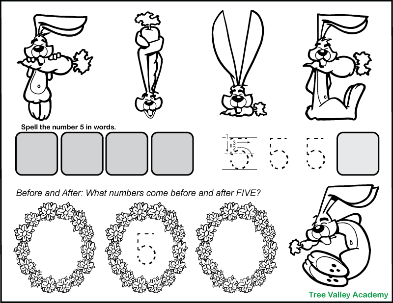 A black and white printable number 5 math worksheet activity. Kids can color the rabbit and carrot themed letters that spell the number word five and the number 5 in digits. There's a section to write the numbers before and after 5. And kids can trace and write the number 5 in digits, 5 different times. There's also a cutting and pasting section where kids take the letters that spell five, unscramble them and glue them to the worksheet.