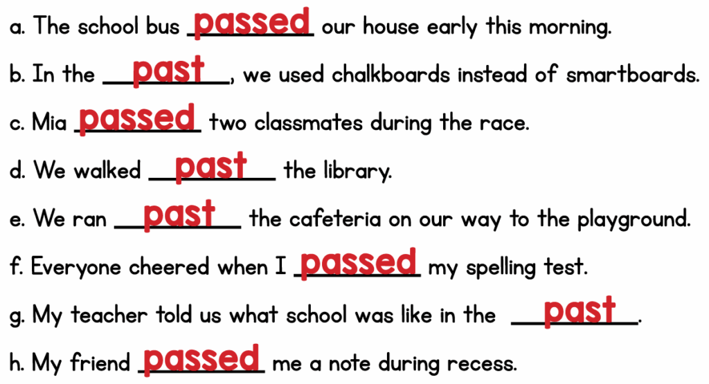 Answer key for 3rd grade past and passed homophones worksheet