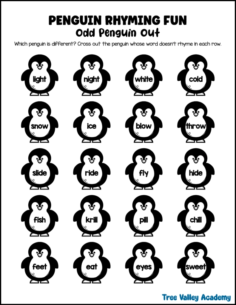 Penguin odd one out rhyming worksheet where children cross out the word that does not rhyme