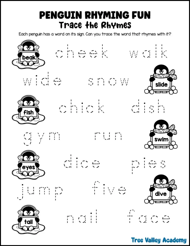 Penguin trace the rhymes worksheet where children trace words that rhyme.
