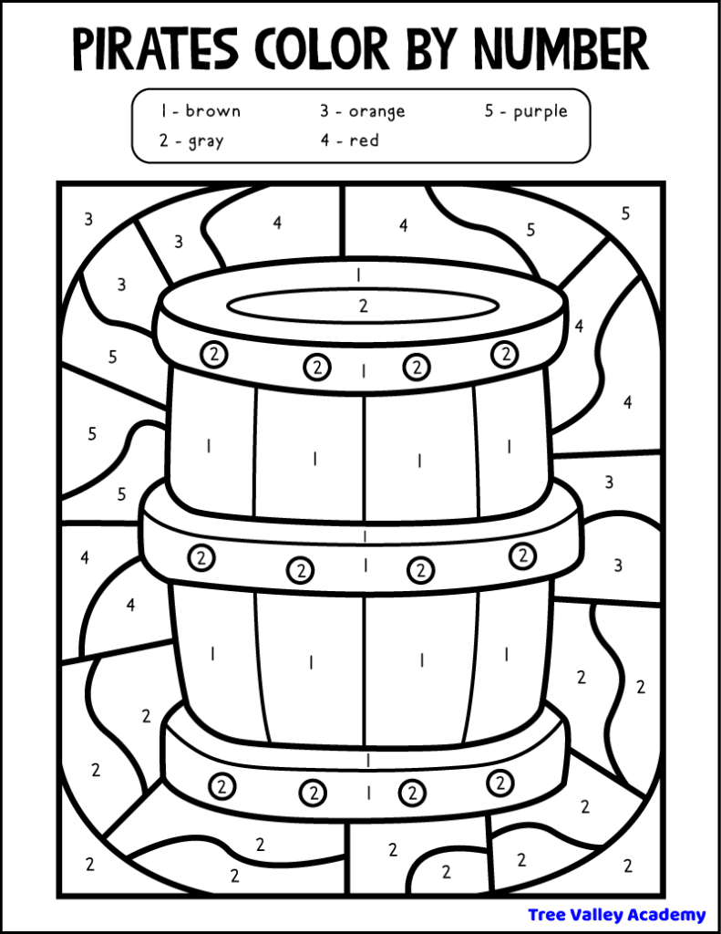 printable preschool pirate themed barrel color by number 1-5
