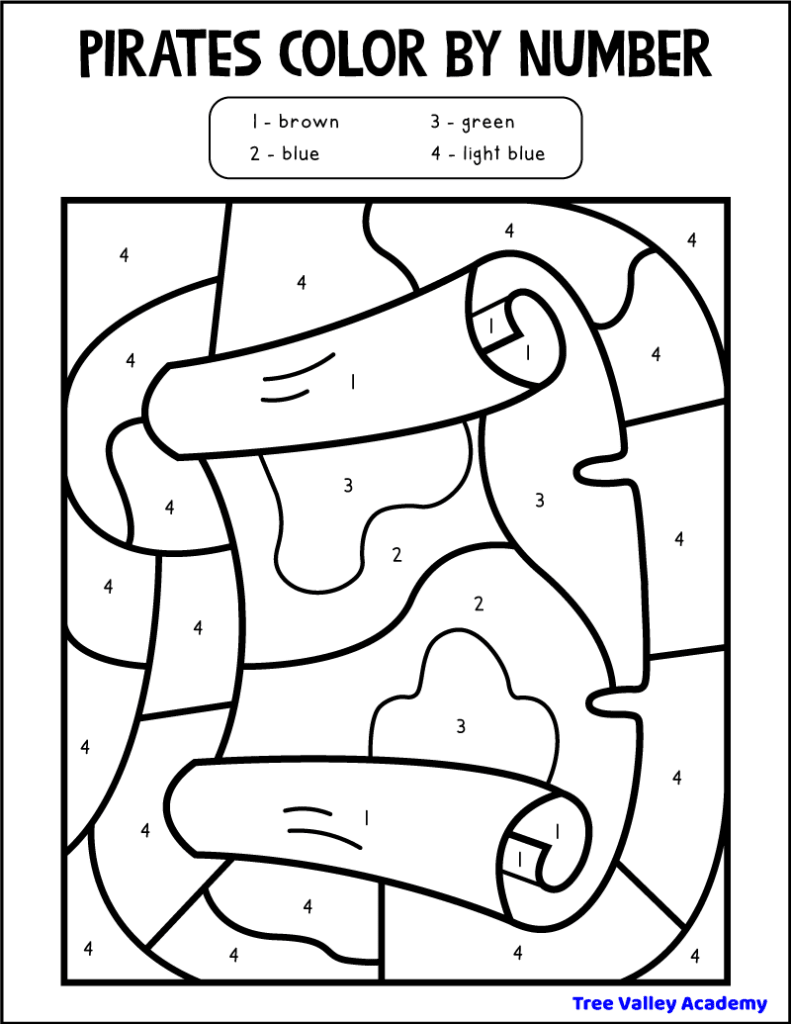 printable preschool pirate themed treasure map color by number 1-4