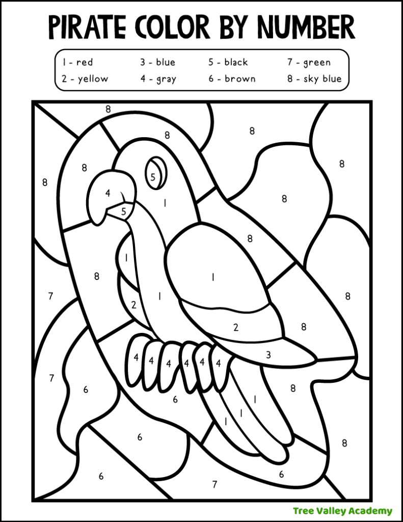 printable preschool pirate themed parrot color by number 1-8