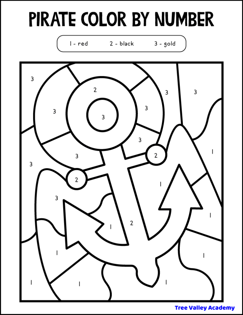 printable preschool pirate anchor color by number 1-3