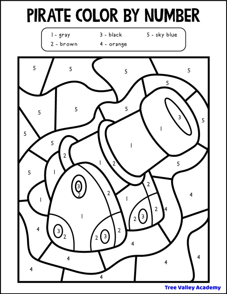 printable preschool pirate themed cannon color by number 1-5
