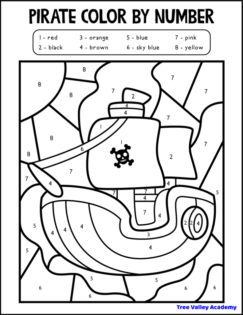 printable preschool pirate ship color by number 1-8