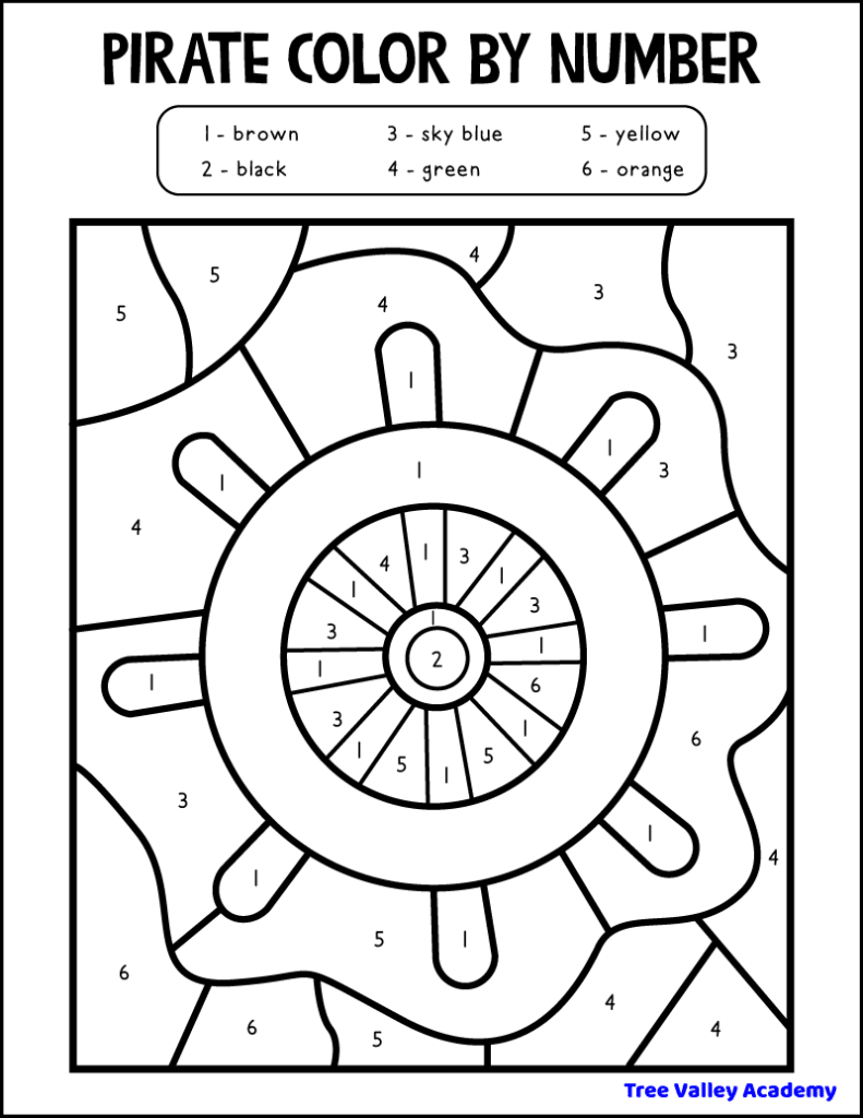 printable preschool pirate themed helm color by number 1-6