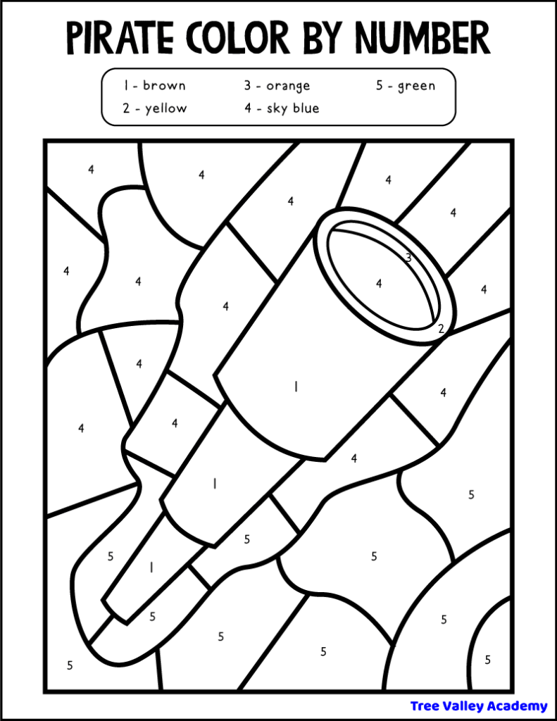 printable preschool pirate spyglass telescope color by number 1-5