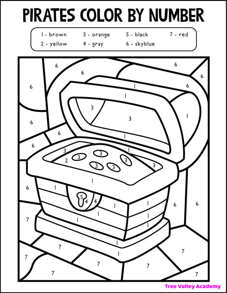 printable pirate treasure color by number 1-7