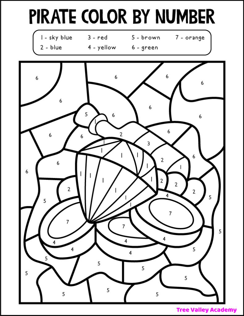printable preschool pirate treasure color by number 1-7