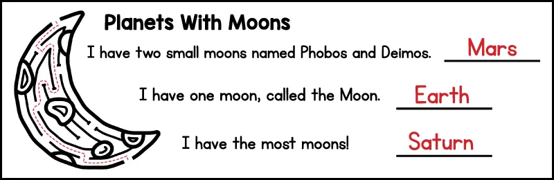 The answer key for the bottom part of a printable planets worksheet. This section is about planets with moons and also shows the answer to a moon maze for kids.