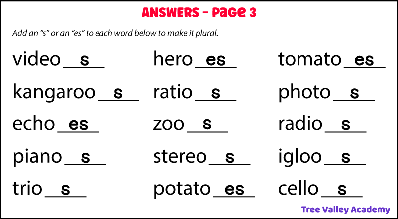 The answers for a free printable plural nouns ending in O worksheet for kids.