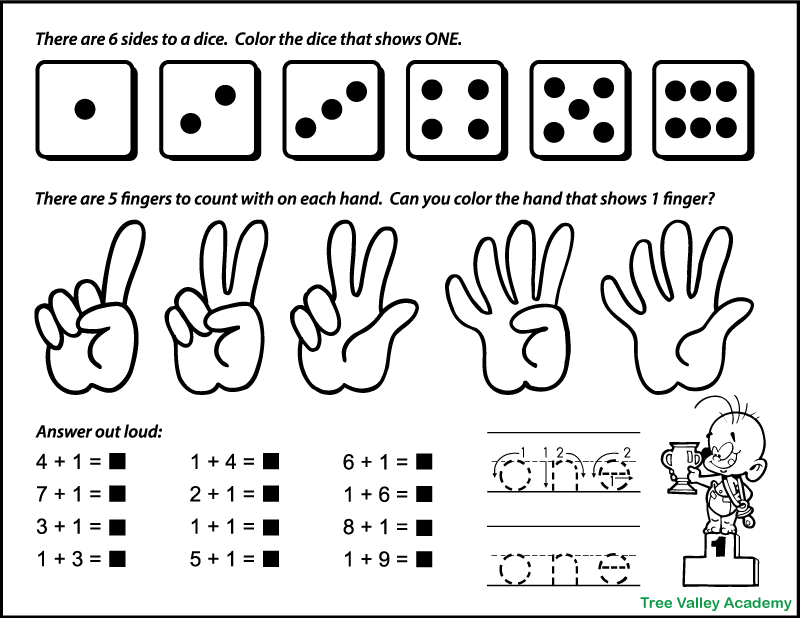 A black and white printable number 1 worksheet for preschoolers. There are images of 6 dice and kids need to cooler the dice showing 1. There are also 5 hands, each showing a different amount of fingers. Children will be asked to color the hand that shows 1 finger. They will trace the number word one. And there are 12 addition by 1 questions for kids to answer verbally to their teacher or homeschooling parent.