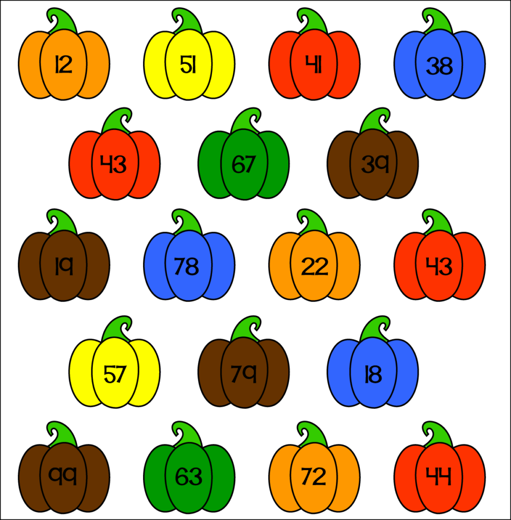 Answer key for 2nd grade pumpkin place value worksheet showing pumpkins colored by tens and ones digits