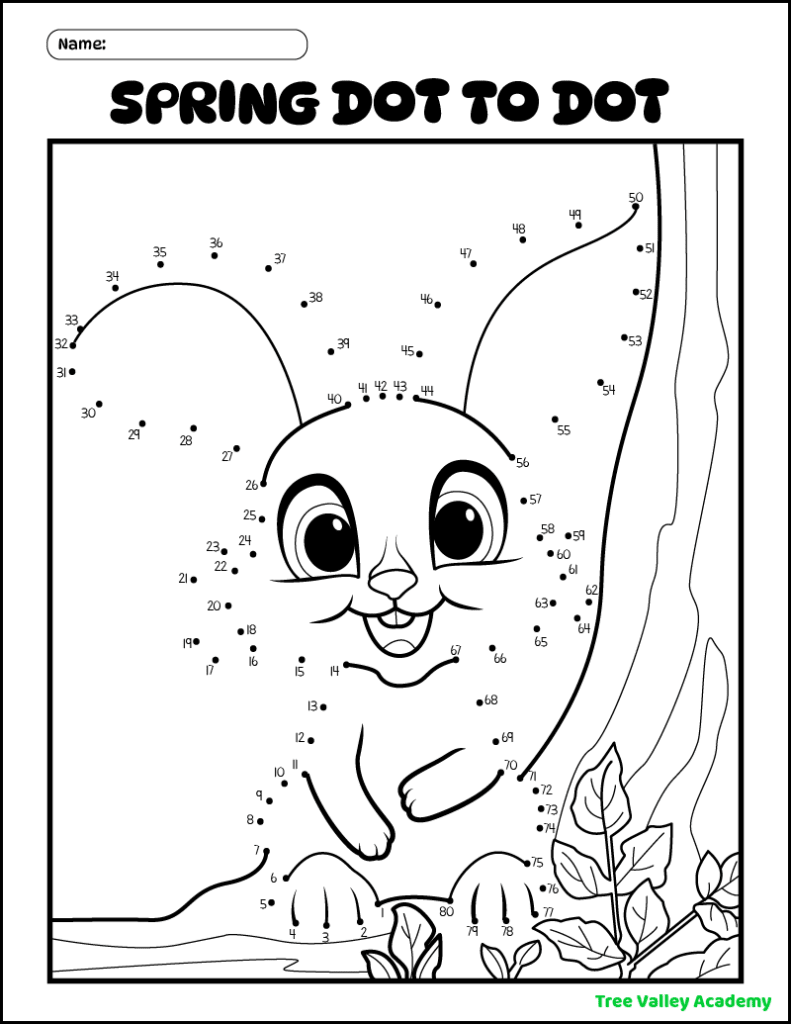A printable rabbit connect the dots spring coloring page for kids. The dots to join on the bunny begin at 1 and end at 80.