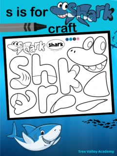 A free printable shark color by number and cut and paste craft. The letters that spell the word shark, and 4 shark body parts are to be colored and then cut out to build the shark word craft.