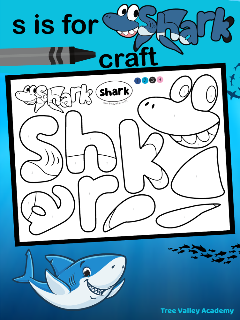 A free printable shark color by number and cut and paste craft. The letters that spell the word shark, and 4 shark body parts are to be colored and then cut out to build the shark word craft.