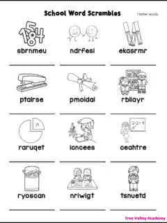 Free printable 7-letter word scramble worksheet for kids with school-themed illustrations like numbers, children holding hands, markers, stapler, diploma, bookshelf, crayons, microscope, teacher, and student with backpack.