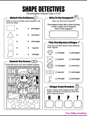 Free printable 3rd grade shapes worksheet with shape matching, hidden shapes, geometry clues, and shape detective activities for kids.