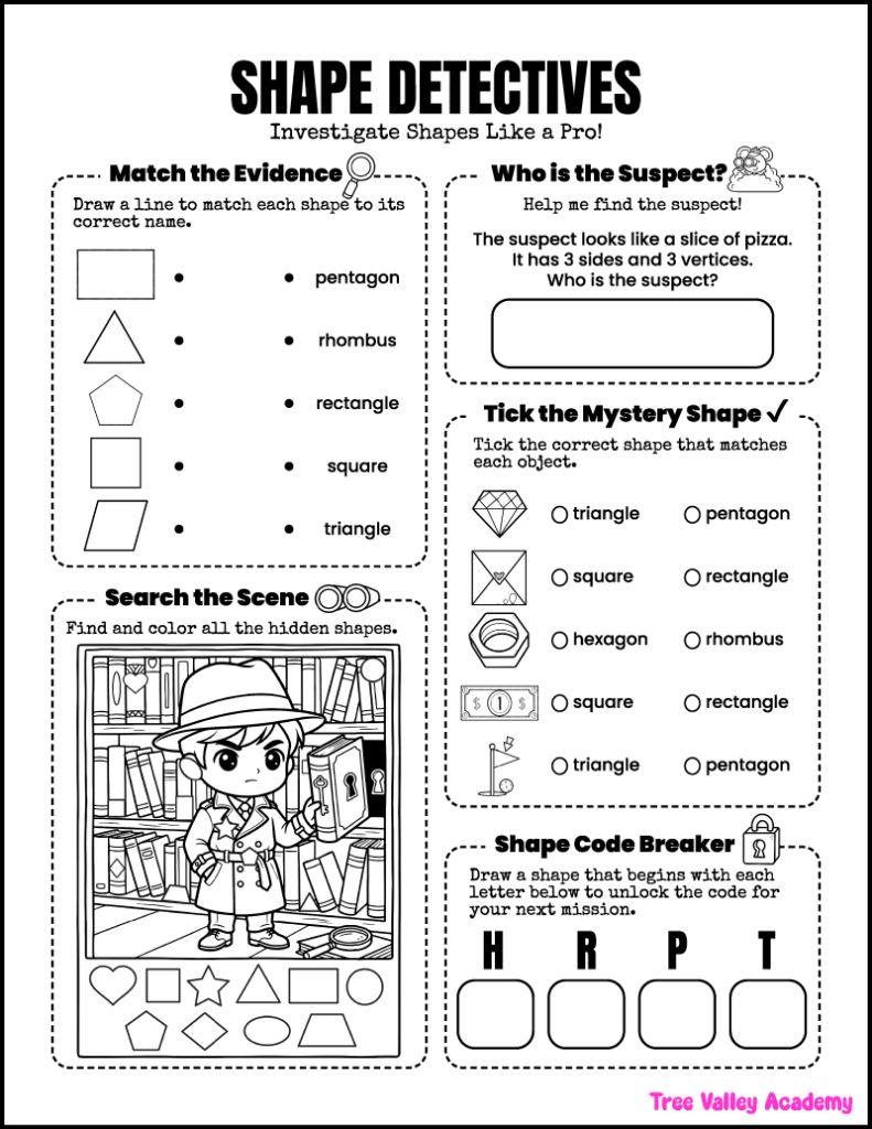 Free printable 3rd grade shapes worksheet with shape matching, hidden shapes, geometry clues, and shape detective activities for kids.