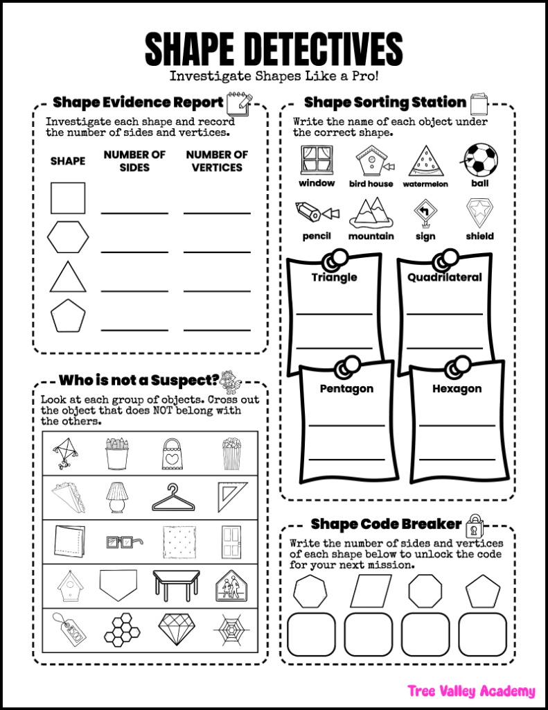 Printable geometry math worksheet for 3rd grade with shape sorting, sides and vertices practice, and shape classification activities.