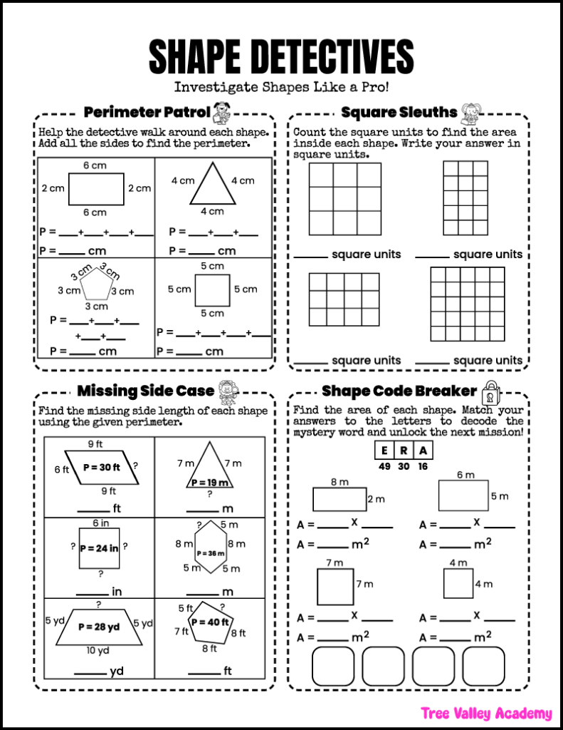 Free printable perimeter and area worksheet for 3rd grade with shape detective themed geometry activities.