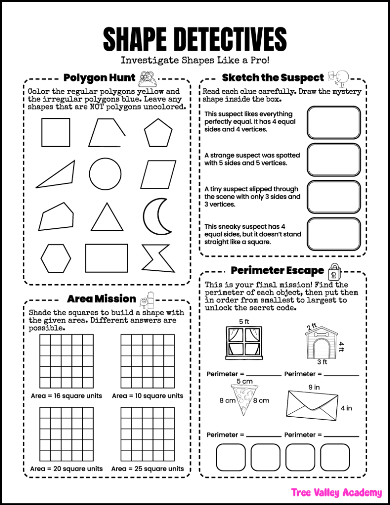 Printable polygon and perimeter worksheet for 3rd grade with regular and irregular polygons, area activities, and geometry challenges.